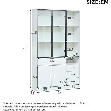Armoire haute avec vitrine et éclairage LED, 120 x 35 x 200 cm. Bibliothèque blanche avec 13 compartiments de rangement, 4 tiroirs et portes. Meuble vitrine, armoire de rangement, placard. Convient po (1/4)