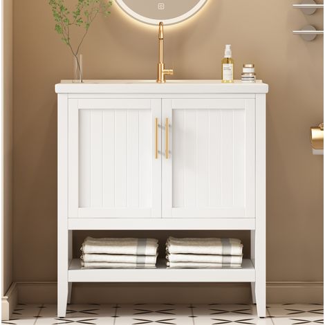 Meuble avec vasque 80 cm sur pied en MDF avec lavabo en céramique blanc HAVRYA (1/5)