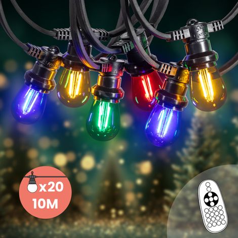 Guirlande de Noël Extérieure IP65 10 m 20 Ampoules Filament LED Multicolores Dimmables + Télécommande & Variateur – Idéale Sapin Jardin Terrasse