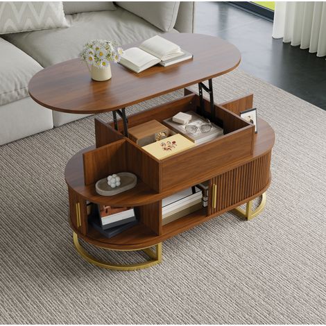 Tavolino da caffè ovale 100x50x64 cm, piano regolabile con vano, ante scorrevoli, MDF noce (1/5)
