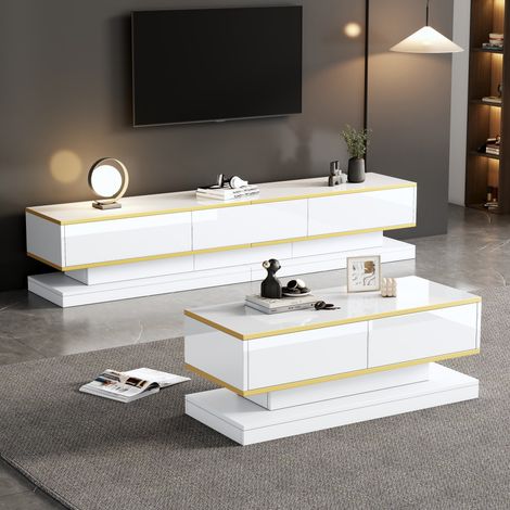Ensemble de meubles de salon blanc brillant (meuble TV 3 tiroirs + table basse 2 tiroirs), garniture dorée, design moderne (1/5)