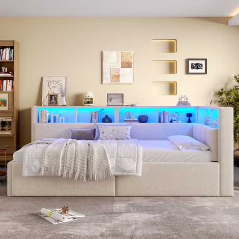 Tagesbett 90x200 cm beige aus Leinen und MDF mit USB-/Typ-C-Anschlüssen, LED-Beleuchtung und Stauraum (1/5)