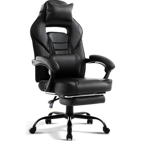 Chaise Gaming Ergonomique à haut Dossier, Fauteuil Gamer en PU, Siège de Bureau, Dossier réglable à 135°, Repose-pieds, Soutien Lombaire, 150Kg, Bureau, Chambre, Maison - noir (1/5)