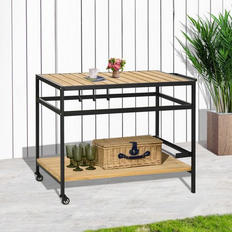 Carrello da giardino per griglia, in legno e metallo, con 2 ripiani e 3 ganci, 107 x 65 x 80 cm, nero naturale.
