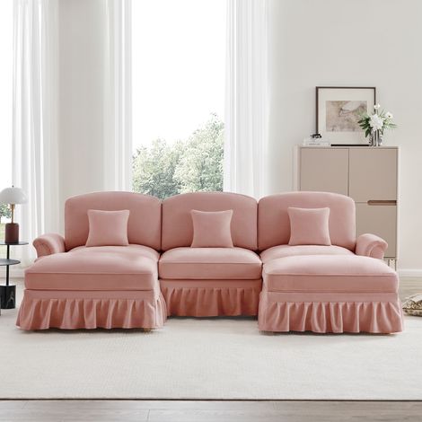 Modulares 3-Sitzer-Ecksofa, U-förmiges Sofa aus Chenille-Stoff mit Hocker und abnehmbarer Schürze, 272x140x93 cm – Bequemes und modernes Sofa für das Wohnzimmer – Rosa