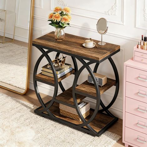 Table console en bois avec étagères, structure en métal, pour salon et entrée (1/5)