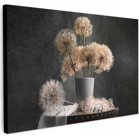 TABLEAU SUR TOILE Graines de fleurs - Pissenlit - Vase - Nature morte - Bouquet Décoration Chambre 30x20 cm