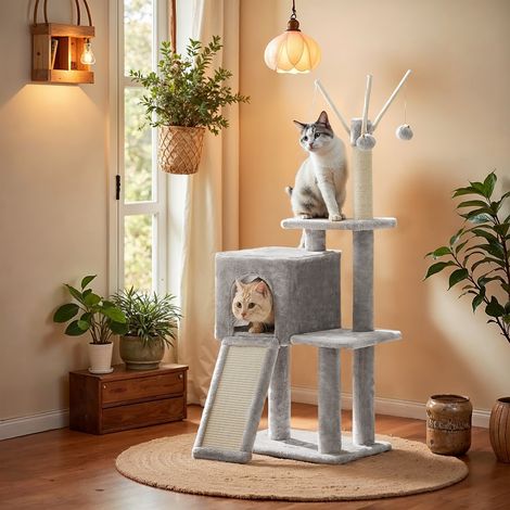 Petit Arbre à Chat, Poteau à Griffer, Bâtonnets de Pompons Amovibles, Gris Clair (1/5)