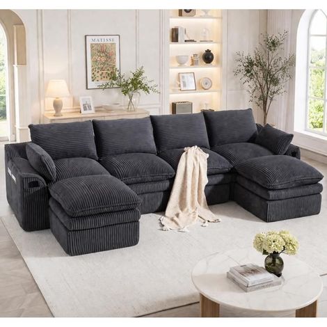 Canapé modulable - SOGEU - 4 places velours côtelé - 2 poufs - Mousse 3 couches à noyau ressorts - 2 poches latérales (1/5)