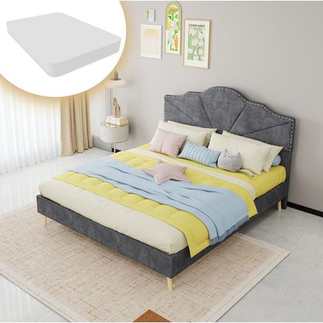 Lit adulte 160x200 cm en tissu et métal gris, facile à monter pour chambre, avec matelas FloraGrace (1/5)