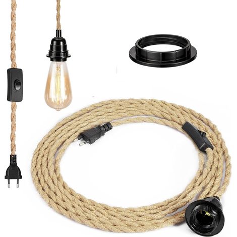 Cavo elettrico in lino da 2 m 2 conduttori, con presa E26/E27 e interruttore dimmerabile, per lampada fai da te (senza lampadina) (1/5)