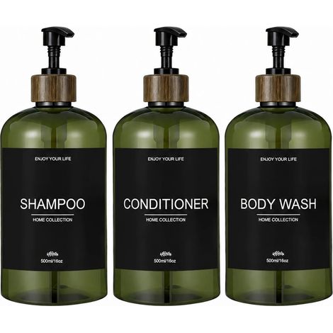 (3 pièces) Distributeur de douche vert élégant pour salle de bain, flacons-pompes rechargeables pour shampoing, après-shampoing et gel douche, ensemble de produits essentiels pour le bain. (1/5)