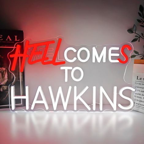Enseigne néon pour chambre ou salle de jeux — Avec variateur — « Hell Comes to Hawkins » — Enseigne LED effrayante pour la maison, « Man Cave » ou cadeau pour fans de cinéma (1/5)