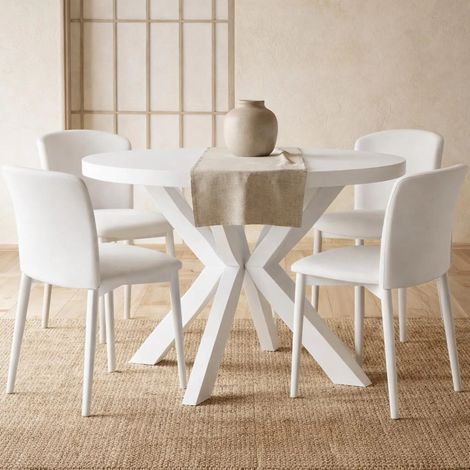 Table de salle à manger ronde extensible RAL avec pieds en bois, style loft, industriel, diamètre : 90 / 140 cm, couleur : blanc (1/5)