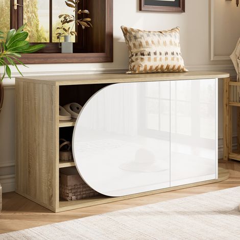 Scarpiera con panca 104x37x50 cm bianco e naturale in truciolare con apertura push-to-open e antiribaltamento (1/5)