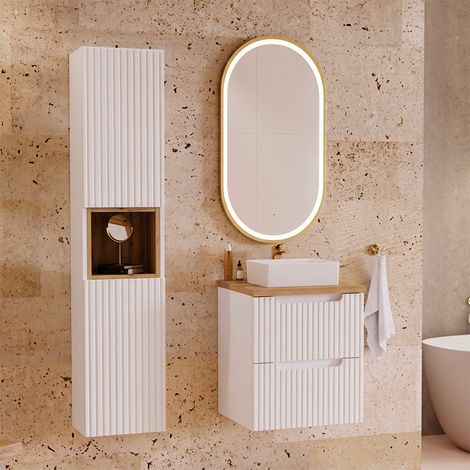 Ensemble meuble simple vasque 50cm 2 tiroirs et colonne Riva Blanc et Bois (1/5)