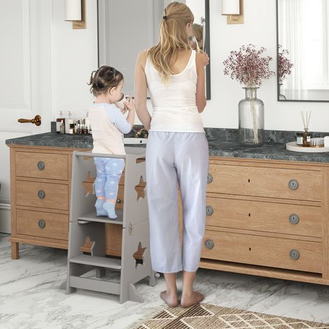 Échelle Montessori convertible en table et chaise avec barre de sécurité. En bois. 60 x 44,5 x 86 cm. Gris.