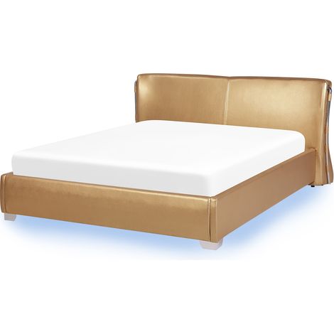 Cama tapizada en piel dorada con somier y luces LED 160 x 200 cm diseño moderno Paris