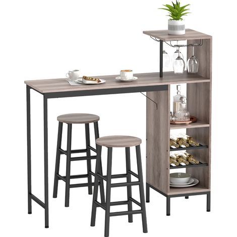 MEUBLIV Table haute 121,5 cm grise – rangement bouteilles/verres, 3 pièces (1/5)