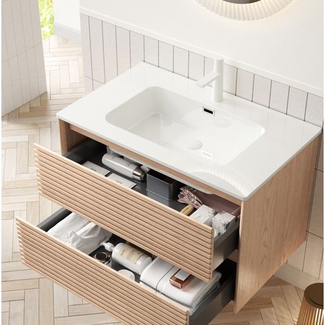 Mueble de lavabo suspendido 81 cm de cerámica y contrachapado, blanco y nogal natural, con 2 cajones de cierre suave (1/5)