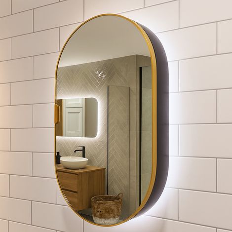 800 x 500mm Mirror Cabinet With Backlit LED Lights - Brushed Brass Framed Oval/Tablet (1/2)