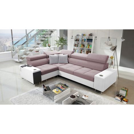 Elegantes Ecksofa mit Konsole und Ladegerät MORENA II Kunstleder/Sawana Weiß/Rosa Links (1/5)