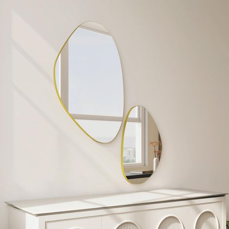 HOMCOM Pebble-Shaped Decorative Mirror, Set of 2 Wall Mirror, Gold Tone