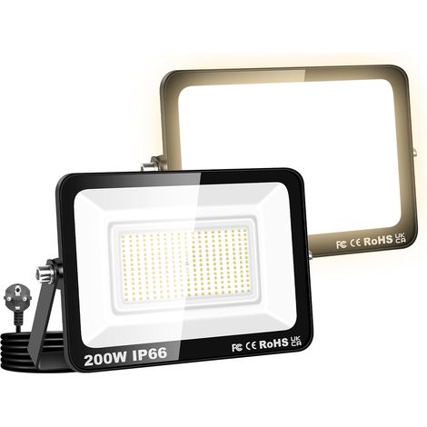 2PCS Projecteurs LED Extérieur Avec Prise, Spot LED 200W 20000LM, 3500K Blanc Chaud, IP66 Etanche Eclairage Lumière de Sécurité pour Jardin Patio Garage Terrasse Maison