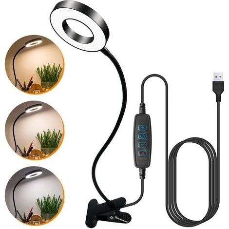 Schreibtischlampe, Klemm-Leselampe, 3 Farbmodi, 10 Helligkeitsstufen, USB-Ladeanschluss, 48 LEDs, Augenschutz, 360°-Drehung, flexibler Schwanenhals für den Schreibtisch (1/5)