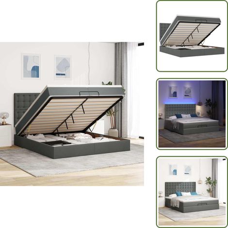 The Living Store Ottoman-Bett mit Matratzen & LEDs Dunkelgrau 200x200 cm Stoff - Matratze (1/5)