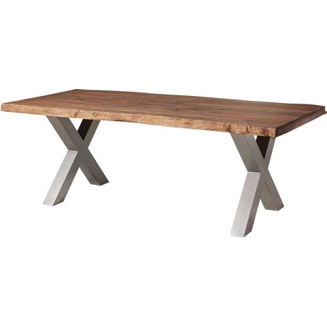 Table à manger 180x90 en bois de Sheesham teinté brun mat pieds en X gris FREEFORM 5