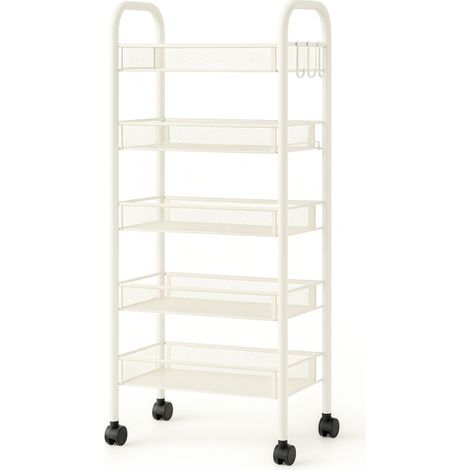 Resserre Métallique Rectangulaire 5 Niveaux à Roulettes - Blanc - Desserte de Rangement - L 39 x P 23 x H 96 cm - Livraison gratuite (1/5)