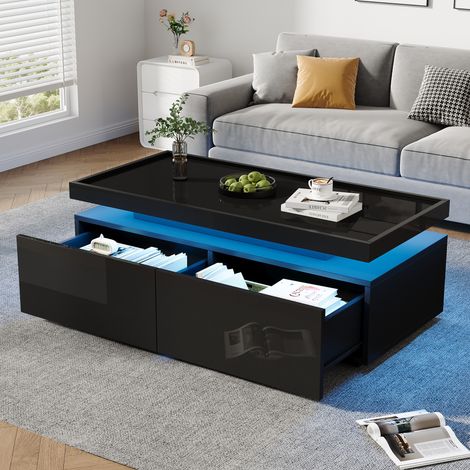 Table basse 95 45 35 cm, table de salon avec LED, table basse avec 2 tiroirs, table basse haute brillance, table moderne minimaliste, table d’appoint au design géométrique, noire (1/5)