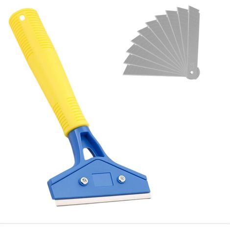 Grattoir à vitres avec 10 lames, manche de 23 cm, grattoir à peinture, lames en acier carbone de 100 mm, grattoir à plaque en acier inoxydable pour carrelage, papier peint, colle (1/5)