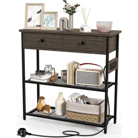 Console Table with Charging Station, Industrial Narrow Entryway Table with 2 Drawers & Storage Shelves, Metal Frame Slim Behind-Sofa Table for Hallway & Living Room