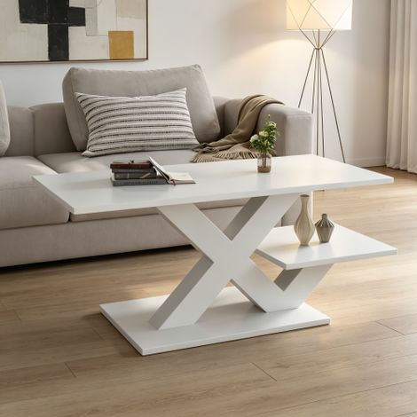 Table basse 100 x 48 x 45 cm - 2 plateaux - pieds géométriques en X - MDF brillant - Blanc (1/5)