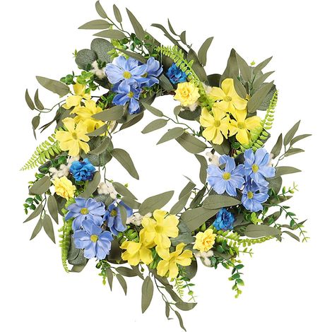 Guirlande Artificielle - 48 cm - Fleurs Bleues Et Jaunes - Pour Porte D'Entrée Mur Ou Table - Décoration Printemps Été Maison Ferme - 1 Pièce (1/5)