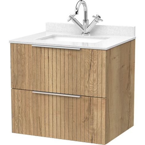 Callingwood Contemporary Wall Hung 2 Drawer Vanity Unit with Marble Worktop with Basin , 600mm, Autumn Oak