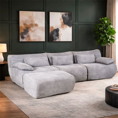 MIMO Grey Corduroy Modular Compression Sofa, L-Shaped Sectional Couch with Ottoman, Fireproof Fabric & Ergonomic Curved Seat