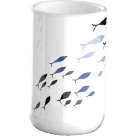 Cleafe - Bicchiere Porta Spazzolino Bianco Con Pesciolini In Ceramica Arredo Bagno 69876 - (1/2)