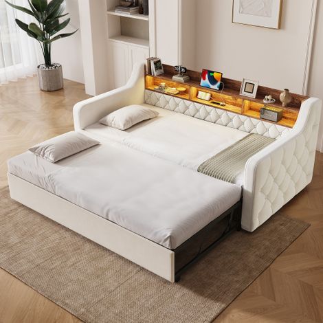Divano letto 90x190 cm con letto estraibile, divano letto in velluto con braccioli, testiera in legno con contenitore, illuminazione a LED, porta USB e Type-C, rete a doghe, lettino per camera degli o (1/5)