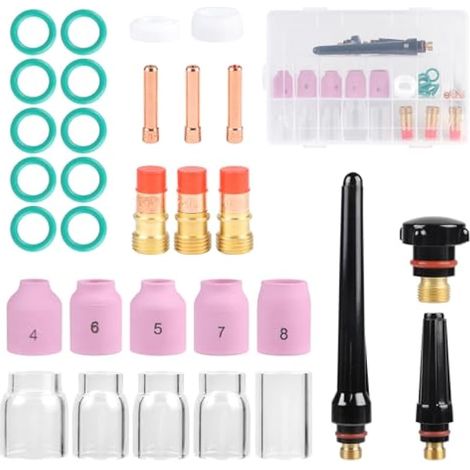31 Pcs Accessoires de Torches Soudage TIG pour Wp-17/18/26, Kit de Consommables pour TIG avec Capuchon Arrière TIG Buses en Céramique, Coupe en Verre Lentilles à Gaz Stubby (1/5)