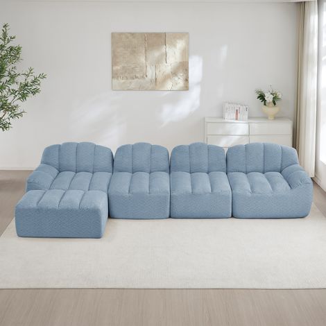 Canapé modulable 4 places avec 1 pouf, forme coquillage, sans armature, en mousse haute densité 32D, assise profonde, idéal pour le salon, tissu doux, bleu (1/5)
