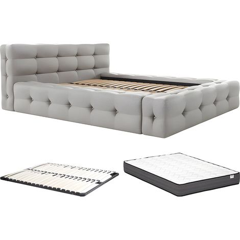 Letto trapuntato 140 x 190 cm Tessuto chiné Grigio + Rete a doghe + Materasso - LERUCO (1/5)