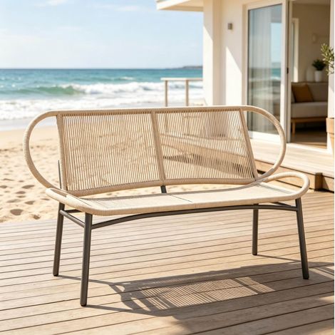 Banco de jardín 138x62x83 cm de ratán y metal natural y negro, estable para espacio pequeño (1/5)