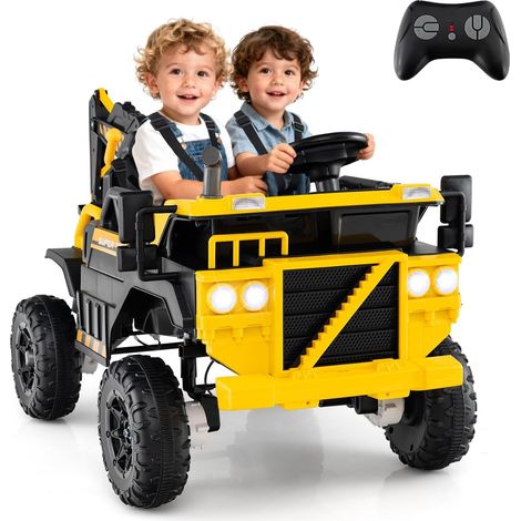 COSTWAY 24V Voiture Excavatrice Électrique Enfant avec Télécommande & Pelle, Camion Électrique 2 Places avec Musique & Lumières & Klaxon, 2,6-5km/h, Charge 25kg, Tracteur pour 3 Ans+, Jaune (1/5)
