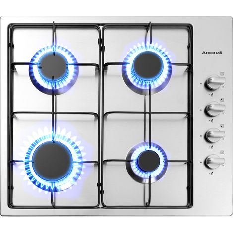 Arebos – Plaque de cuisson à gaz 4 foyers inox – Brûleur rapide 2400W – Sécurité thermocouple – Compatible gaz naturel et propane