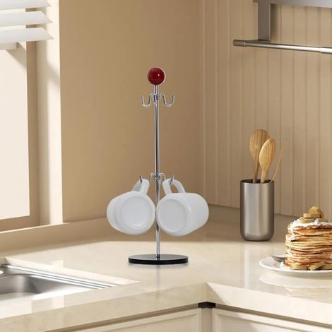 Porte-tasses suspendu sur pied en métal poli avec bouton rouge sur le dessus, 8 crochets de suspension pour verres et mugs, hauteur 42 cm diamètre de la base 13 cm rangement et égouttoir de cuisine (1/5)