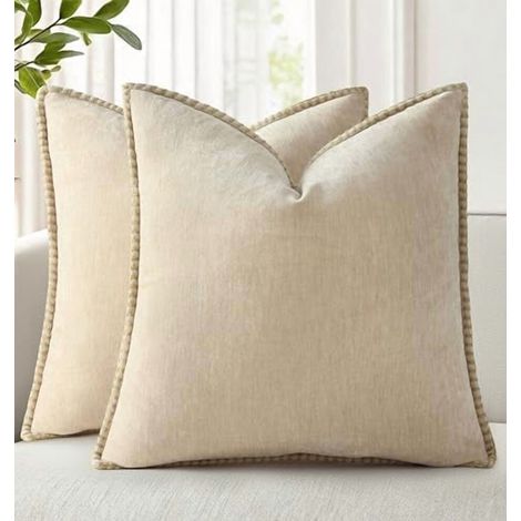 Funda de almohada suave de chenilla para primavera, 20x20 cm, juego de 2 piezas, ribete neutro de terciopelo estilo rústico, bordes cosidos, color beige – Se adapta a almohadas estándar.