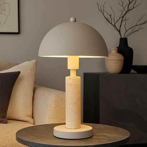 Tischleuchte Beistellleuchte Textil sandfarben Tischlampe Wohnzimmerlampe Travertine Stein, Metall, 1x LED 4,9W 470Lm warmweiß, DxH 20x34 cm
